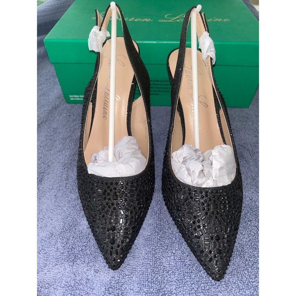 Lauren Lorraine Rachel Black Rhinestone Slingback Heels Pointed Toe Formal